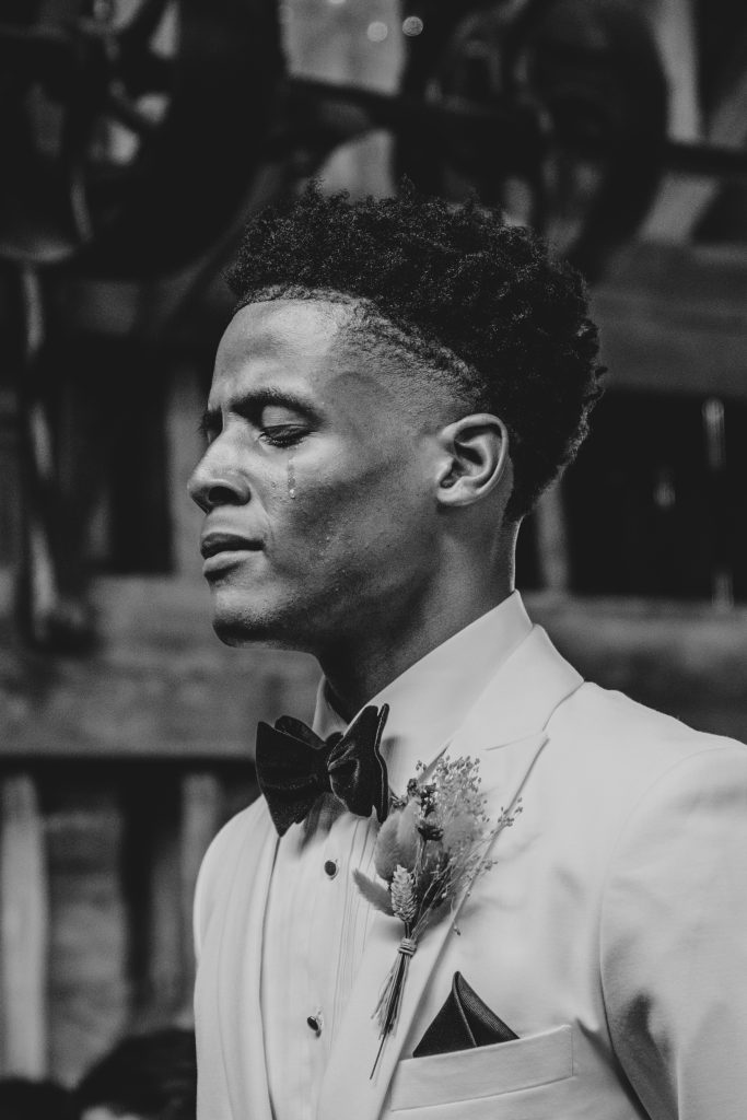 Groom cries as his bride walks down aisle at The Barns at Lodge Farm