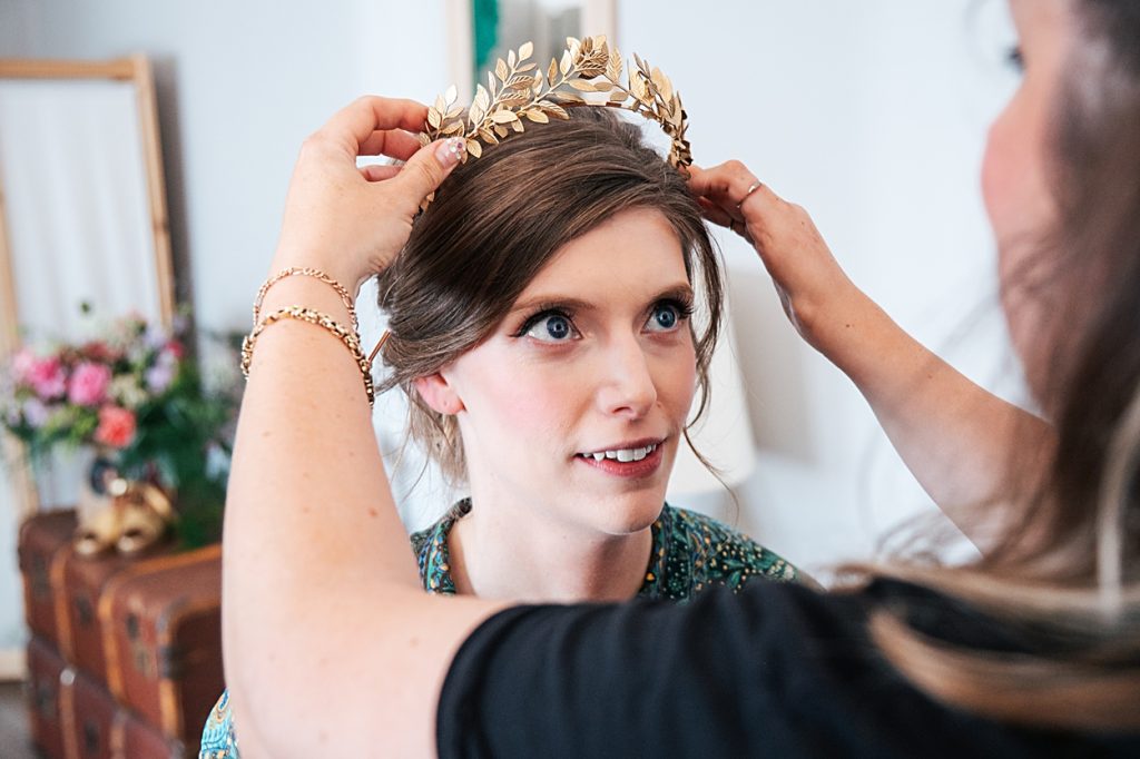 Multi coloured Summer wedding with a bride wearing green at The Barns at Lodge Farm. Essex documentary wedding photographer