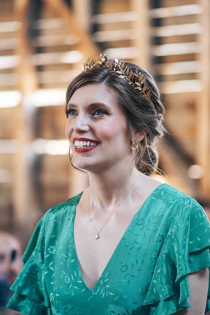 Multi coloured Summer wedding with a bride wearing green at The Barns at Lodge Farm. Essex documentary wedding photographer