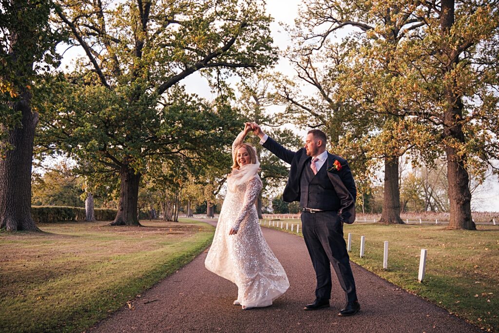 hot pink, orange and disco balls for autumn wedding at Blake Hall