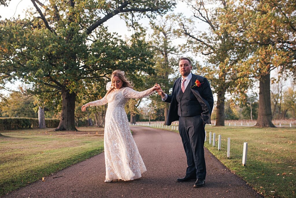 hot pink, orange and disco balls for autumn wedding at Blake Hall